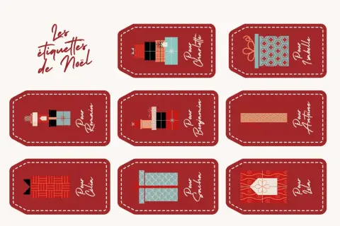 Des étiquettes de Noël personnalisées à imprimer, ornées de cadeaux stylisés et de noms pour chaque destinataire.