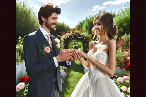 Un couple échange ses vœux lors d'une cérémonie de mariage en plein air, entouré de fleurs. Une belle citation mariage.