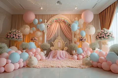 Décoration de baptême fille originale : trône doré, ballons roses et bleus, fleurs. Une scène féerique pour un événement inoubliable.