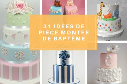 Collage de pièces montées de baptême : oursons, animaux de la savane, croix bleue, fleurs. 31 idées pour une pièce montée de baptême inoubliable.