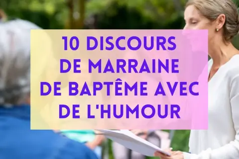 Une marraine souriante lit un discours humoristique pour un baptême.