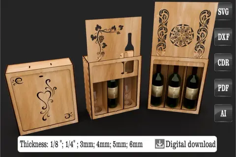 Caisse bois vin personnalisé mariage, idéale pour offrir ou décorer. Modèles gravés de cœurs, vignes et rosaces. Fichiers numériques disponibles.