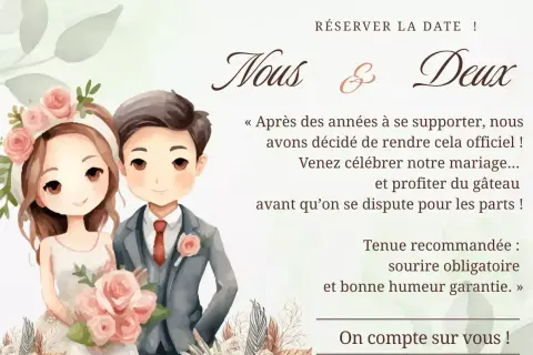 Illustration d'un couple souriant, prêt pour leur mariage. Invitation à célébrer leur union, pour le meilleur et pour le pire, avec une note humoristique sur le gâteau.