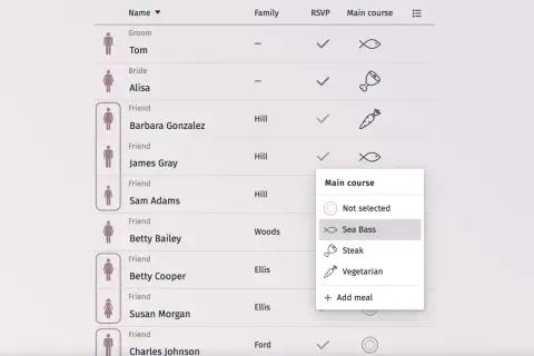 Liste invités mariage : Tom (marié), Alisa (mariée), Barbara Gonzalez, James Gray, Sam Adams, Betty Bailey, Betty Cooper, Susan Morgan, Charles Johnson. Choix du plat pour James Gray : "Sea Bass".