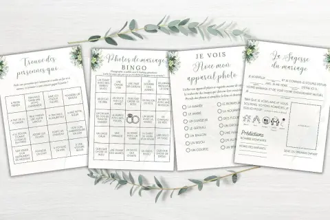 Jeux pour mariage à imprimer : Bingo "Trouve des personnes qui", "Photos de mariage Bingo", "Je vois avec mon appareil photo" et "La Sagesse du mariage".