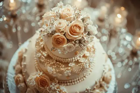 Un magnifique gâteau de mariage à trois étages, orné de roses crème et de perles dorées, évoquant une douce musique.