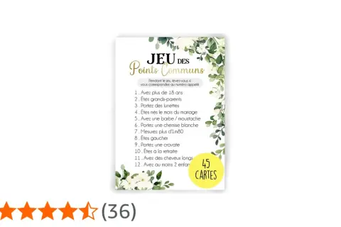 Carte de jeu "Jeu des Points Communs" pour un mariage, avec une liste de critères pour trouver des ressemblances entre les invités.