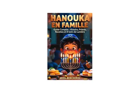 Un garçon joyeux célèbre Hanouka, entouré de lumières et de mets. Ce livre explore l'origine de Hanouka, ses traditions et recettes familiales.