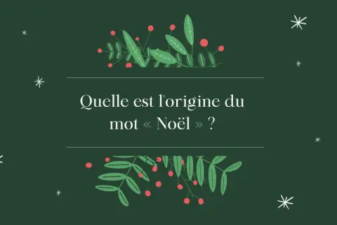 Illustration festive avec des branches de houx et des flocons. La question "Quelle est l'origine du mot « Noël » ?" invite à découvrir l'étymologie de Noël.