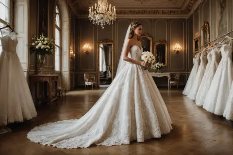 Une mariée rêveuse dans une somptueuse robe, entourée de magnifiques robes de mariée. Un aperçu pour vous aider à comment choisir sa robe de mariée.