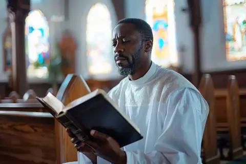 Un homme en robe blanche lit un livre dans une église, peut-être en se renseignant sur les conditions du baptême catholique.