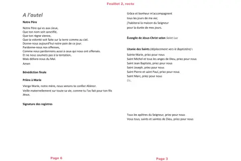 Extrait d'un livret de messe baptême : prières, litanies des saints et évangile.