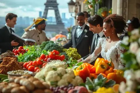 Un couple rayonnant devant la Tour Eiffel, entouré de fruits et légumes frais. Un beau symbole de leur mariage avec un étranger, célébrant la diversité et l'abondance.