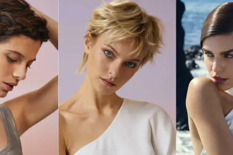 Trois femmes présentent des coiffures de mariage simples et chics. L'une a une tresse, l'autre un chignon flou, et la troisième des cheveux courts et lissés.
