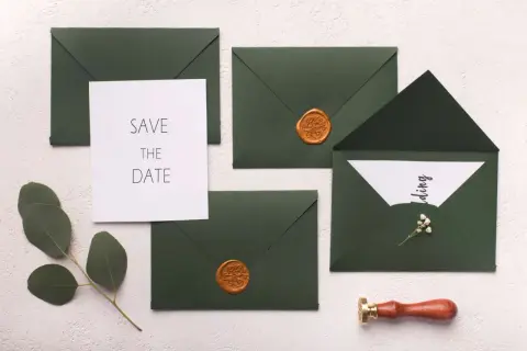 Ensemble d'invitations de mariage avec sceaux de cire dorés et une carte "Save the Date". Une idée élégante pour annoncer votre union.