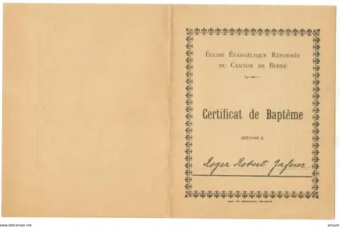Certificat de baptême de l'Église Évangélique Réformée du Canton de Berne, délivré à Roger Robert Jafner.