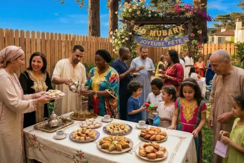 Famille réunie pour la fete de l'Aid, partageant thé et pâtisseries sous une arche décorée de fleurs.