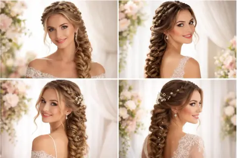 Jolie mariée avec une demi tresse élaborée, ornée de perles et de fleurs, prête pour son grand jour.