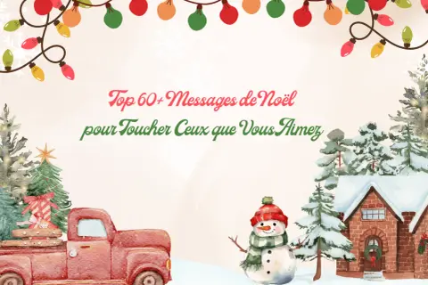 Joyeux Noël ! Trouvez le message parfait pour votre famille. Un camion rouge, un bonhomme de neige et des lumières festives.