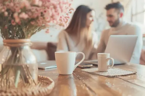 Un couple discute devant un ordinateur portable, entouré de tasses et de fleurs roses. Ils planifient leur préparatif mariage.