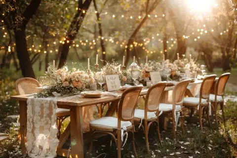 Table dressée pour un mariage champêtre, avec des fleurs, des bougies et des guirlandes lumineuses dans un décor naturel.