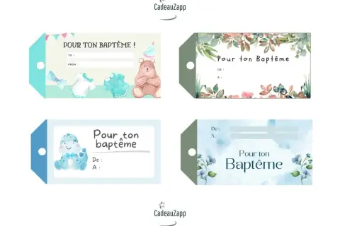 Quatre étiquettes baptême gratuites à imprimer avec des motifs d'oursons, de dinosaures et de fleurs.