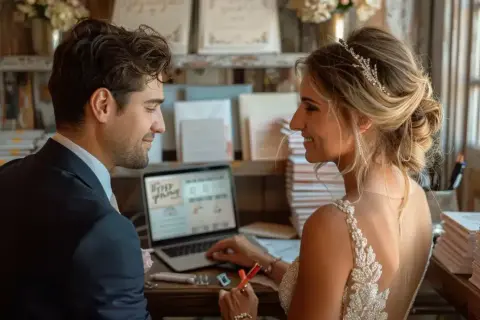 Un jeune couple, mariés, travaille sur un ordinateur pour finaliser le design de leur livret de messe de mariage.