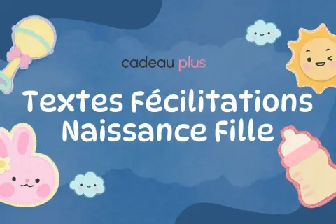 Des textes félicitations naissance fille adorables, avec un hochet, un lapin rose, un soleil, des nuages et un biberon.