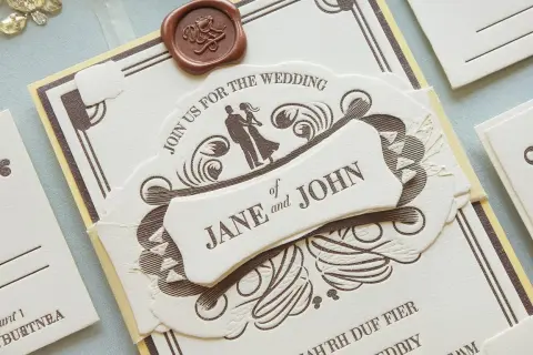 Comment faire un faire part de mariage : invitation élégante avec sceau de cire, couple stylisé et noms "Jane et John".