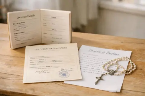 Livret de famille, certificat de naissance et demande de baptême avec chapelet sur fond de bois.