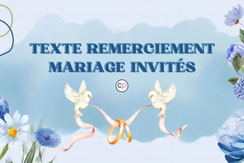 Texte remerciement mariage : deux colombes portent des rubans roses qui soutiennent des alliances. Fleurs bleues et blanches décorent le fond.