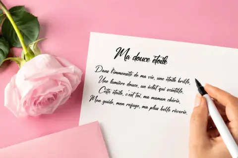 Une rose rose pâle et une carte avec un poème pour dire "bonne fête maman".