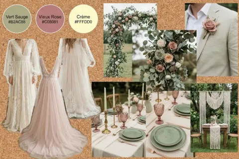 Inspiration mariage champêtre : robes fluides, bouquet de roses et eucalyptus, table dressée, costume clair.