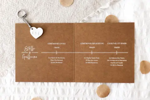 Un faire-part mariage champêtre à faire soi-même, avec les noms Estelle & Guillermo, détails des cérémonies et lieux.