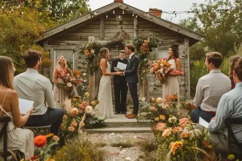 Cérémonie laïque en plein air. Le texte officiant cérémonie laïque humour est lu par l'officiant, sous le regard amusé des mariés et des invités.
