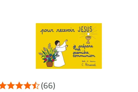 Illustration d'une enfant en robe blanche, mains levées, devant un bouquet de fleurs et une hostie. Texte "je prépare ma première communion".