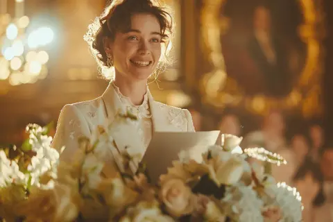 Une femme souriante, vêtue d'une tenue élégante, semble prononcer un discours de mariage. Des fleurs ornent le premier plan.