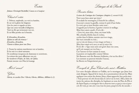 Page de livret de messe de mariage avec textes religieux et titres en calligraphie.