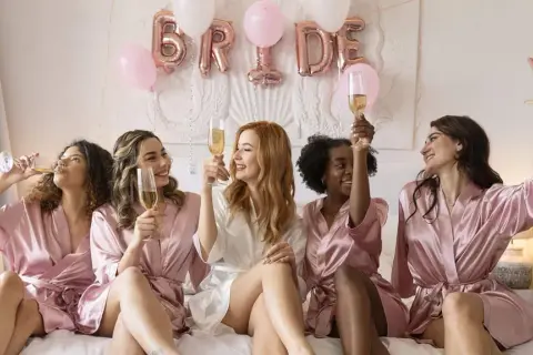 Des amies célèbrent un EVJF, c'est quoi cette fête ? Elles portent des peignoirs en satin et trinquent avec du champagne, des ballons "BRIDE" en arrière-plan.