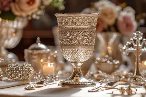Magnifique timbale en argent, ornée de motifs floraux et géométriques. Sa présence évoque la richesse et la tradition, rappelant la signification d'un baptême.