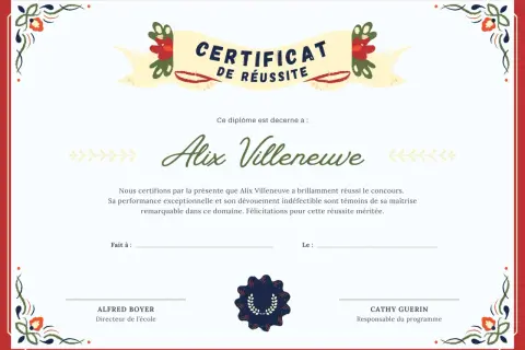 Certificat de réussite vierge pour Alix Villeneuve, soulignant sa performance remarquable. Un modèle de certificat de bapteme vierge pour célébrer les succès.