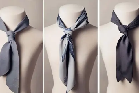 Trois mannequins présentent des foulards noués de différentes manières. Le noeud de cravate est élégamment réalisé sur chacun d'eux.