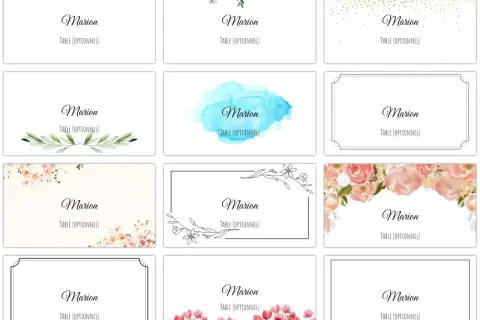 Douze modèles de marque-place gratuits avec le nom "Marion" et "Table (Optionnel)", ornés de fleurs, feuillages ou paillettes.