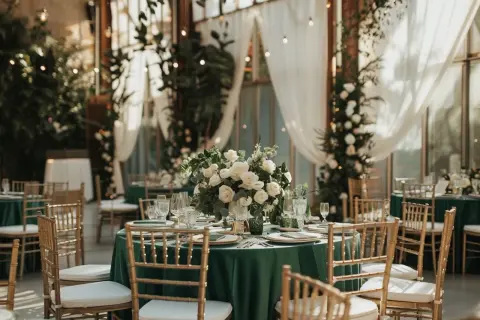 Tables dressées pour un mariage thème vert, avec nappes émeraude, bouquets de roses blanches et chaises dorées.