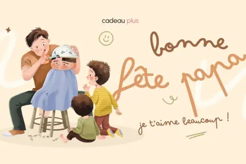 Papa coupe les cheveux de son fils, entouré de ses autres enfants. Texte : "Bonne fête papa, je t'aime beaucoup !