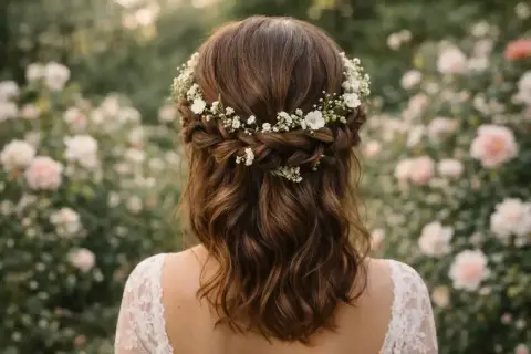 Coiffure mariage bohème avec tresse et fleurs blanches. Cheveux bruns ondulés ornés d'une couronne florale délicate.