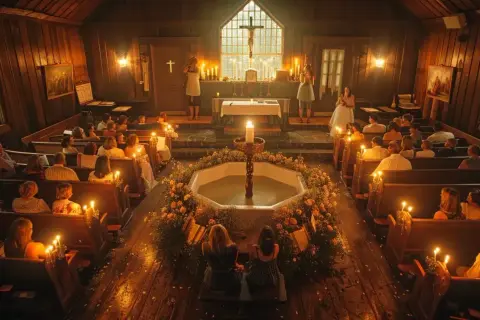 Intérieur d'une église en bois, ambiance chaleureuse avec des bougies. Une cérémonie de baptême se déroule, avec un chant de sortie.
