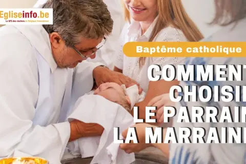 Cérémonie de baptême catholique. Le texte demande "Comment choisir le parrain la marraine", suggérant une réflexion sur combien de parrain et marraine sont appropriés.