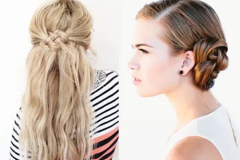 Coiffure mariage tresse invitée : deux styles élégants, une tresse nœud sur cheveux lâchés et un chignon tressé sophistiqué.