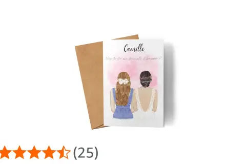 Carte avec deux femmes, l'une en robe blanche, l'autre en robe bleue. Texte : "Veux-tu être ma demoiselle d'honneur ?".